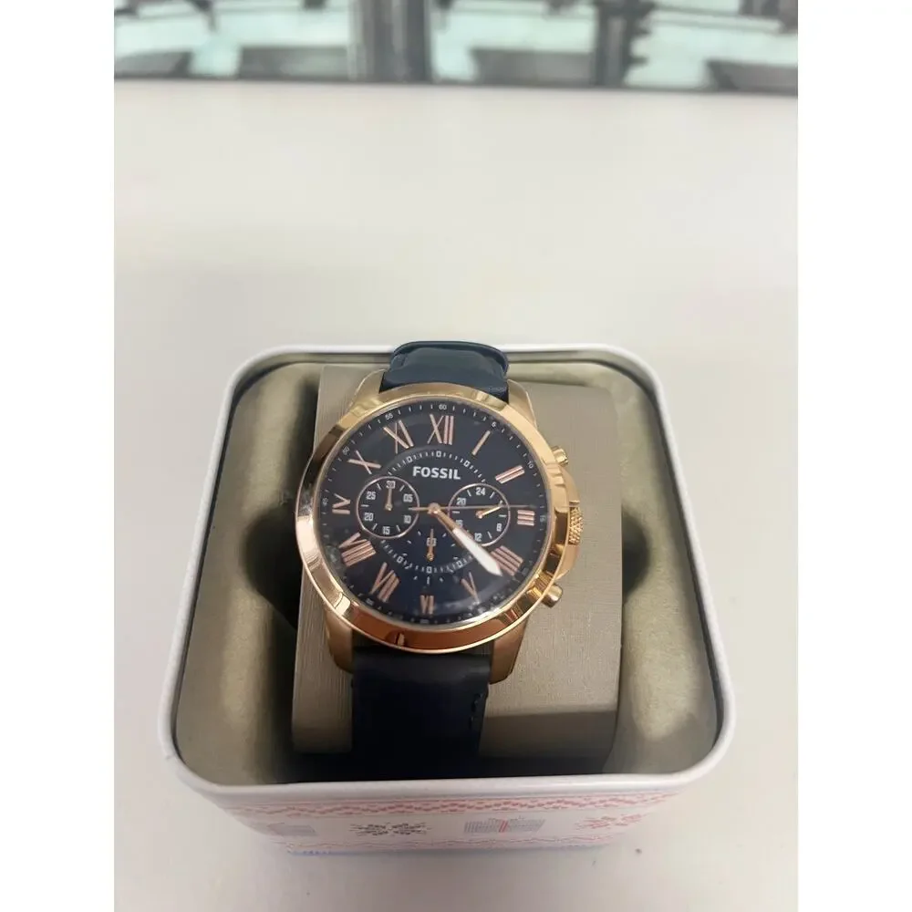 Fossil FS4835 Chronograph 44mm Rose Gold Steel Watch Navy Leather